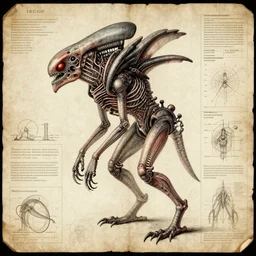 an infographic detailing the autopsy of a metroid, art direction influenced by HR Giger, in the style of Leonardo da Vinci, drawn on old weathered paper, detailed, side panel details, diagrams, charts, line art 8k,
