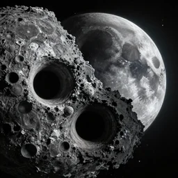Black holes slamming into the Moon. Hyper realism, cosmic, galactic, hyper detailed.