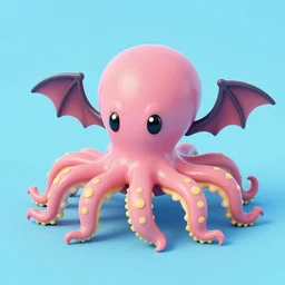 cute eight legged octopus boss, with bat wing arms, by the videogame studio studio mdhr, real, kawaii, pink, yellow