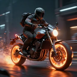epic cinematic scene depicting a guy traveling in time with a motorbike, lightings and fire coming from the wheels, octane render, trending on artstation, trending on cinemas