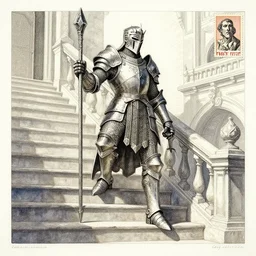 Intaglio Heroic Paladin Dsurion ascends the stairway to valhalla Hand Crafted By Rodin. Painting by greg rutkowski Donato Giancola Jeff Simpson norman rockwell stamp watercolor
