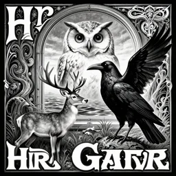 psychedelic, monochrome artwork!!, raven, deer, in front of an owl that is a window into the ocean, typography by hr giger and james jean and andreas rocha,