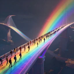 incredible, refugees crossing a mindblowingly beautiful bridge made of rainbow hardlight, matte painting, artstation, solarpunk, cgsociety, dramatic lighting, concept art, octane render, arnold 3 d render