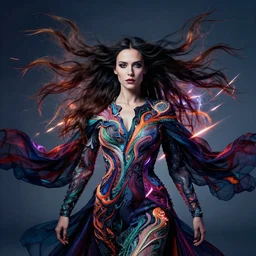 portrait of woman with long hair by peter mohrbacher, clothing by kilian eng, billowing, ⚡, dramatic, dynamic lighting, intricate, detailed, sharp focus, motion, symmetrical features, david cronenberg vibrant colours, dynamic lighting, photoreal, aesthetics by beksinski, dan mumford, trending on artstation, art by greg rutkowski, 8 k