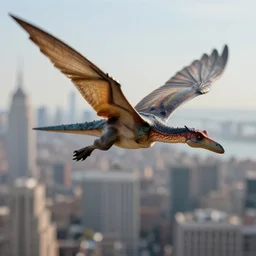 action photography, long shot, award winning macro photo of a tiny ultra detailed intricate pterodactyl flying over new york, fast shutter speed, motion blur, tiny gaussian blur, highly detailed, highly intricate, depth of field, national geographic
