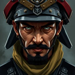 a powerful japanese samurai wearing military and tactical gear, detailed face, face symmetry, character concept portrait by moebius and laurie greasley, profile picture, 8 k, cinematic color grading