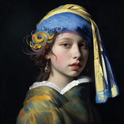 a portrait of a very beautiful kpop goddess, with hair in swirling paint and impasto by willem wissing, vermeer and caravaggio, hyperreal, dark, dramatic lighting, analogous complementary colour scheme