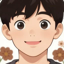 a white young man with a big smile, prominent big eyes, round portruding chin, plump lips, brown flowers, standout colours, sharp, simple lines, digital painting, artstation, matte, sharp focus, illustration, beautiful cute anime moe artstyle