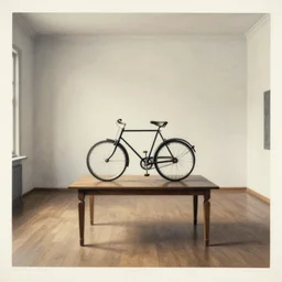 an object on a table in a vast room, by marcel duchamp, archival pigment print, 1 9 2 0, academic art, conceptual art, bicycle readymade
