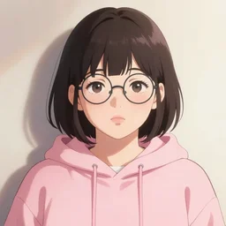 portrait of a slightly overweight cute korean girl with a Bob cut, wearing round glasses, wearing a pastel pink hoodie, dramatic lighting, anime illustration by Greg rutkowski, yoji shinkawa, 4k, digital art, concept art, trending on artstation, アニメ, featured on pixiv