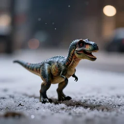 a beautiful photo by saul leiter of a tiny dinosaur standing in the street at night, tiny gaussian blur, insanely detailed, insanely intricate, insanely beautiful, depth of field, low contrast, snowy, wide aperture, color photography