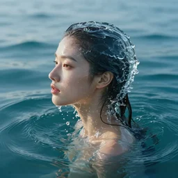 water artwork manipulation in the shape of a human head, on the ocean water, beautiful woman, ray tracing, realistic water sharp focus, long shot, 8 k resolution, cinematic, surreal water art