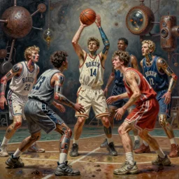 junky men playing basketball, cybertronic gadgets, flesh + technology, durty colours, rotten textures, rusty shapes, biotechnology, norman rockwell, tim hildebrandt, viktor safonkin, dariusz zawadzki, bruce pennington, larry elmore, intricate details, hyperrealistic oil painting on canvas, deep depth field