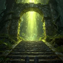 a first person perspective shot looking up a stone staircase leading to an ancient stone archway that leads to an aaahh!!! Real monsters dimension covered in vines and emanating glowing yellow green light by James Gurney and beeple | Tim White:.3 | unreal engine