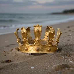 a golden crown half berried at the beach : : cellulose : : 1 dusk : : 1 alphonse mucha : : 1