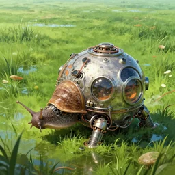 mechanical snail robot machine in the wet green marshlands, dome portholes, pipes, wires, detailed illustration, concept art, dynamic colour palette, highly detailed, high contrast, strong lighting