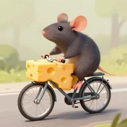 digital painting of a cartoonish rat, it's riding a bike that is made of swiss cheese, bike looks like cheese greg rutowski, artstation