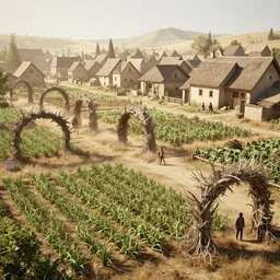 post - medieval village with crop field gardens, dry tree archways, light dust, by peter mohrbacher dan mumford craig mullins nekro, cgsociety, pixiv, volumetric light, 3 d render