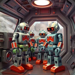 color digital photo of 1 9 5 0 s - style toy robots, inside a space station