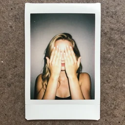 polaroid picture of a blonde woman hiding her eyes. her face is barely visible