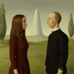 symmetry!! they looked at each other, surreal landscape, serene, peace, very detailed, perfect composition, perfect lighting, 4 k, rene magritte, tim white, artgerm