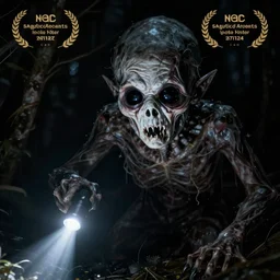 a scary pale humanoid creature with black holes for eyes found in the dark with a flashlight, scary, horror