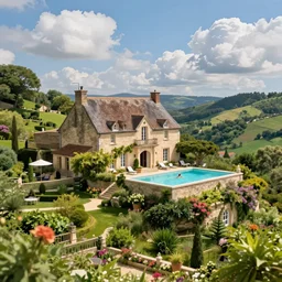 award winning photo of an ultra detailed high quality old house with swimmingpool on the hills in the dordogne in france, fluffy clouds. summer. highly detailed, trees and flowers, depth of field, beautiful landscape, me swimming there