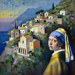 a semi - abstract painting of ancient roman village in amalfi coast hill by yves tanguy and vermeer, dramatic lighting, analogous complementary colour scheme, vivid colours