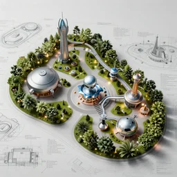 space age alien theme park layout design, landscape, blueprint, uplight