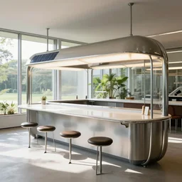 solarpunk cantine designed by ludwig mies van der rohe, natural lighting