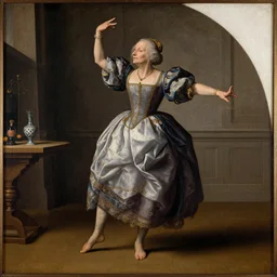 An renaissance painting of a very old woman dancing on a table