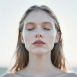 out of focus photorealistic portrait of a beautiful aesthetic pale woman by saul leiter, backlit, against a bright white sky, very blurry, translucent white skin, closed eyes, bokeh