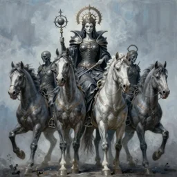 concept art by artgerm, death of the four horsemen of the apocalypse, soft grey and blue natural light, intricate, queen of death riding, highly detailed dark art, digital painting, artstation, concept art, smooth, sharp focus, illustration, art by greg rutkowski and luis rollo and uang guangjian and gil elvgren, symmetry!