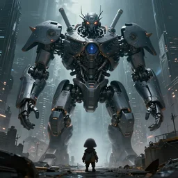 small creature standing in the foreground of a massive michanical city by Greg Rutkowski, Sung Choi, Mitchell Mohrhauser, Maciej Kuciara, Johnson Ting, Maxim Verehin, Peter Konig, final fantasy , 8k photorealistic, cinematic lighting, HD, high details, dramatic, dark atmosphere, trending on artstation
