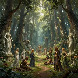 detailed veduta of a camp in a magical forest with tall trees and statues of ancient goddesses, heroes of might and magic 3, whimsical, fairy tale, hyper realistic, volumetric lighting, sunshafts, dan mumford, thomas kinkade, realistic