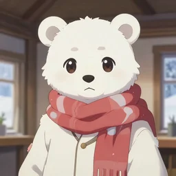 character portrait of a female anthro polar bear fursona and a cute beautiful attractive detailed furry face wearing stylish cute winter clothes in a cozy winter cabin. hidari, color page, tankoban, 4K, tone mapping, Akihiko Yoshida.