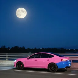 pink or blue car on a bridge at midnight, full moon