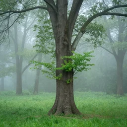An old tree in the middle of a forest with foggy trees and grass on the ground, with green leaves growing from its trunk