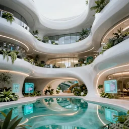 highly detailed futuristic architecture by Frank Lloyd Wright and Zaha Hadid, reflective lighting, vegetation, holographic  signs, ground-level view, puddles of turquoise water, stunning sunny lighting, sunrise, vivid colors, in the style of pixar animation, trending on Artstation, 8k, matte painting, ray tracing, hyper detailed, unreal engine 5, cinematic, epic lighting, cryengine, octane render, cyberpunk, red and orange glow, vibrant