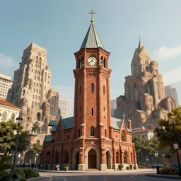 georgian style brick clock tower colonial city with tall strange buildings, volumetric, realistic, cinematic lighting, ray tracing, unreal engine 5, octane render, hyper realistic, photo, 8 k