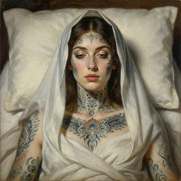 tattooed woman with head covered by a sheet laying in bed, intricate, elegant, highly detailed, oil canvas, symmetrical face, by gustave courbet, francisco goya