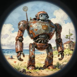 wholesome animation key shot, fish eye lens, intricate, parka explore rusty robot schwerer gustav!!!!, omaha beach, ambient occlusion, studio ghibli, pixar, disney concept art watercolor illustration by alena aenami, bloom!!! sorolla, dean cornwell, satoshi kon