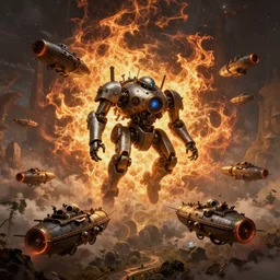 Steampunk Mech Robot Airships Fleet in a epic battle. By Joseph Mallord William Turner, fractal flame, highly detailded
