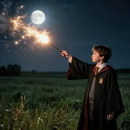 a young wizard points their wand, a blast of bright magic flies from the end of the wand, on an empty moonlit moor, dramatic lighting, lens flare, cinematic photography