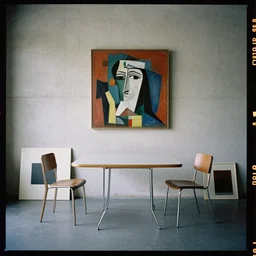 kodak portra 4 0 0, 8 k, wide flashlight shot of a highly detailed, britt marling style, award winning colour still - life portrait of a large minimalistic bauhaus room with rough concrete walls, a square picasso painting, a 1 9 6 0 s table and chair, some square paintings