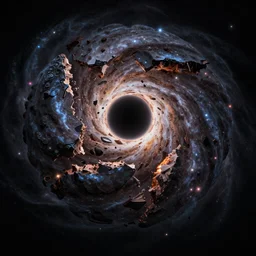 galaxy ripped apart by huge super massive black hole, hypermaximalistic, high details, cinematic, 8k resolution, beautiful detailed, insanely intricate details, artstation trending, octane render, unreal engine