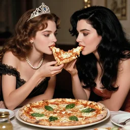 a highly detailed photo of two young beautiful women sitting at a long take sharing a pizza margherita, queen margherita of savoy with tiara and pearl necklace, and sophia loren with black flowing hair, smooth lighting, masterpiece, timeless, photography by richard jenkins