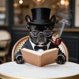 a portrait picture of a black french bulldog wearing a dinner jacket wearing a top hat and reading glasses, smoking a pipe sitting at a table at a french cafe symmetric