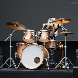 photo of huge robotic drumset on a concert tage, the drumset is futuristic steampunk style with gears and tubes, 8 k, fluorescent colors, halluzinogenic, multicolored, exaggerated detailed, unreal engine