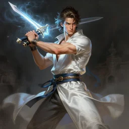 character concept portrait of Aaron Taylor Johnson as an adventurer holding a electric rapier. Magic aura, fit, abs, silk robes, elegant, dynamic perspective, digital painting, concept art, smooth, sharp focus, illustration, from Metal Gear, by Ruan Jia and Mandy Jurgens and William-Adolphe Bouguereau, Artgerm